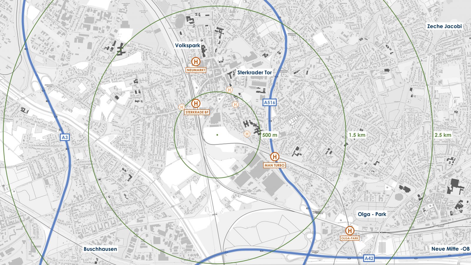 Stadtkarte mit Entfernungsringen zu Nahzielen, z. B. Sterkrader Tor, Olga-Park und Volkspark.