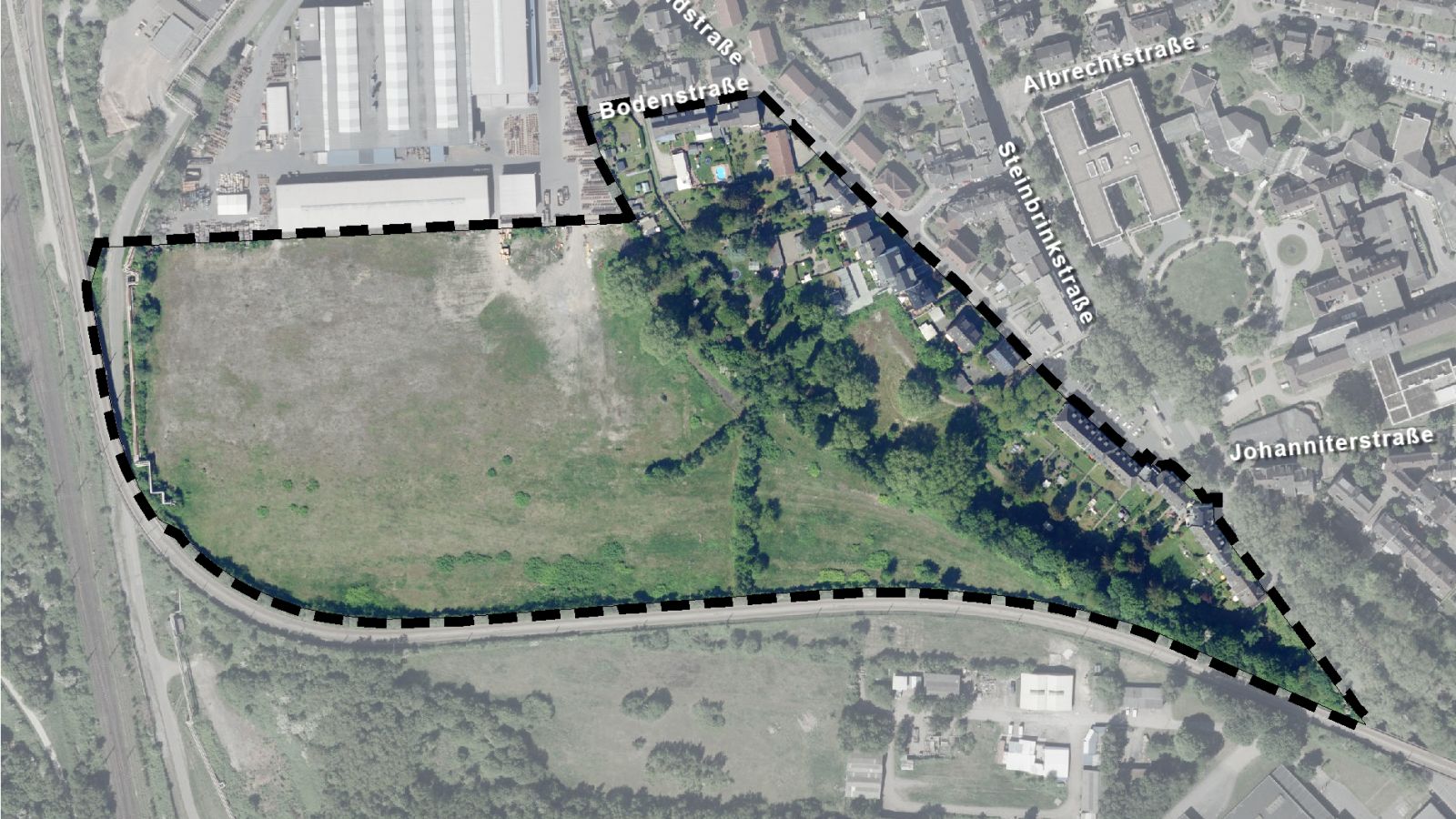 Luftbild mit markiertem Planungsgebiet zwischen Johanniterstraße und Ackfeldstraße.