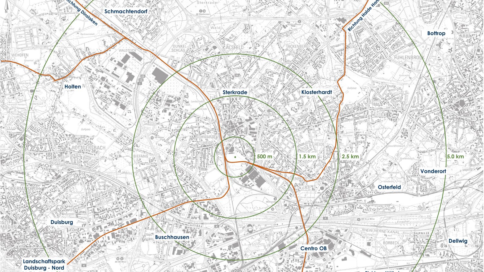 Karte mit konzentrischen Kreisen zeigt Entfernungen von Sterkrade zu umliegenden Stadtteilen.