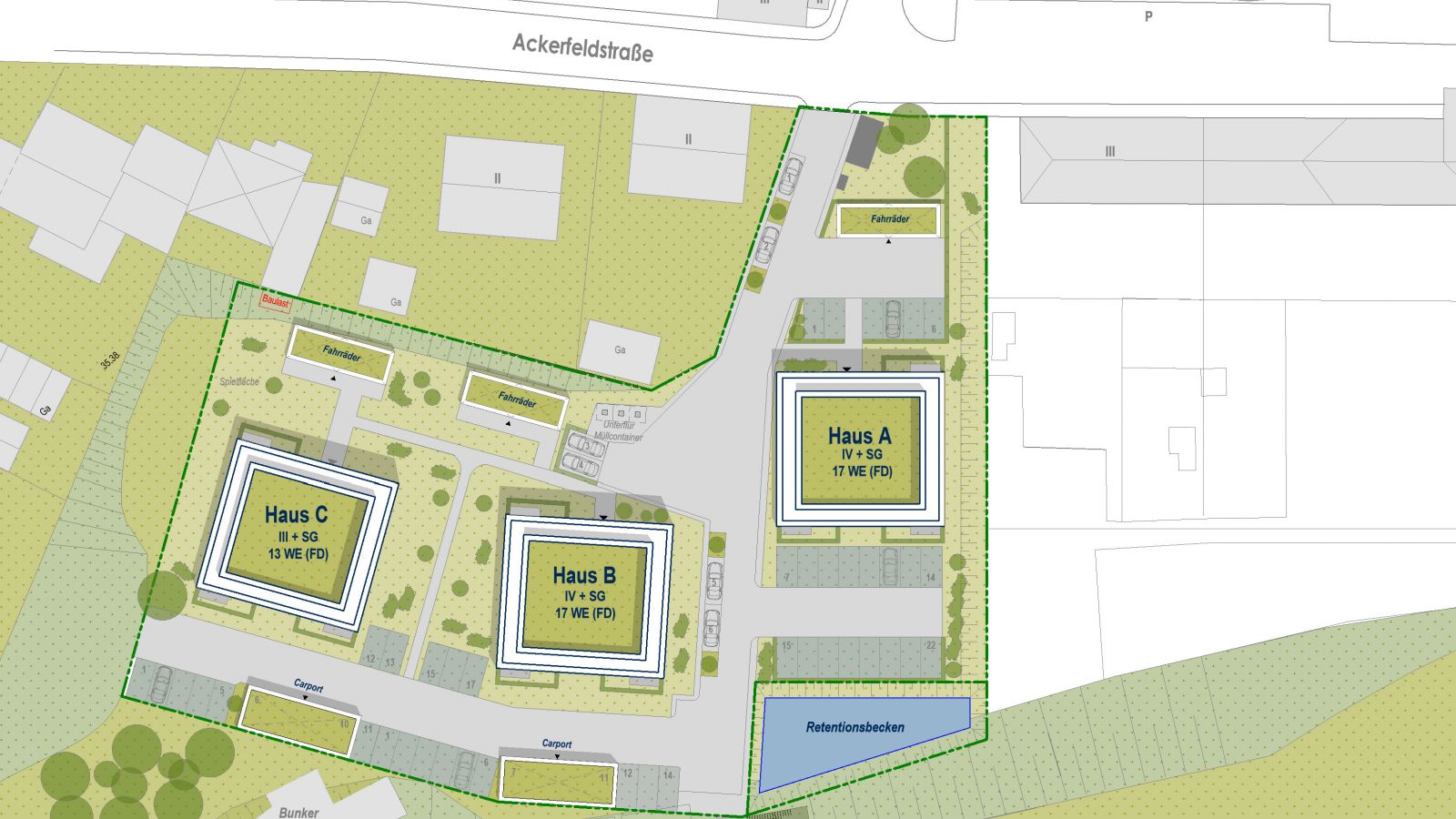 Übersichtsplan mit drei Gebäuden, begrünten Dächern, Wegen, Parkplätzen und Spielflächen.